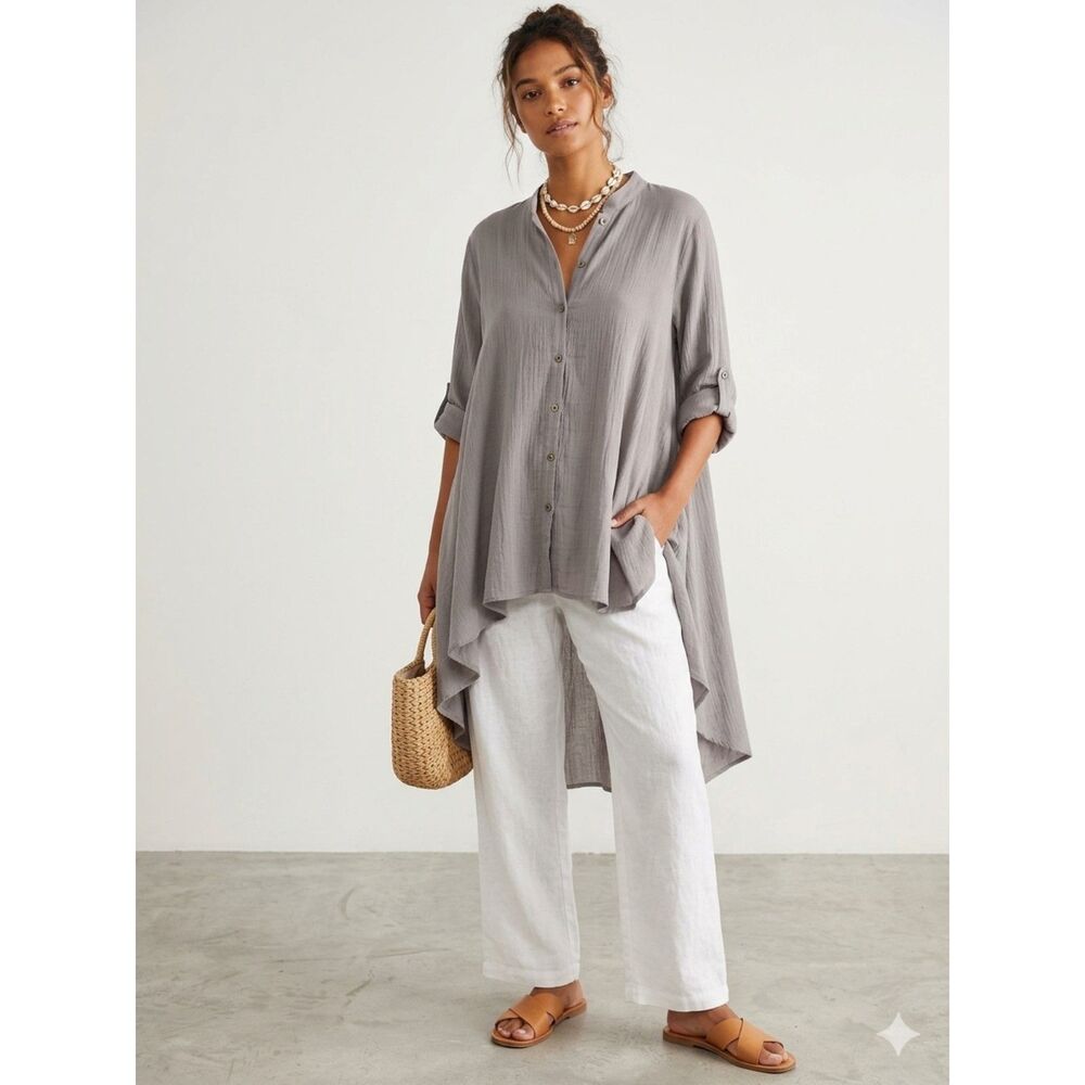 XCVI Lagenlook Grey High Low Button Down Cotton Gauze Tunic Roll Tab Sleeve